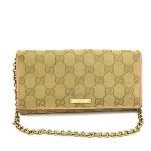 GUCCI GG Logo Canvas Leather Long Bifold Chain Wallet